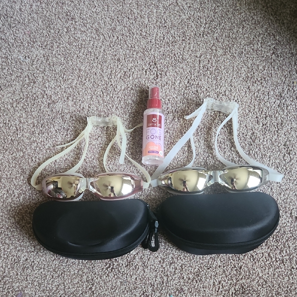Color Lens Swim Goggles with Cases 2 Sets & Fog Gone Spray 2oz Unisex Men Women